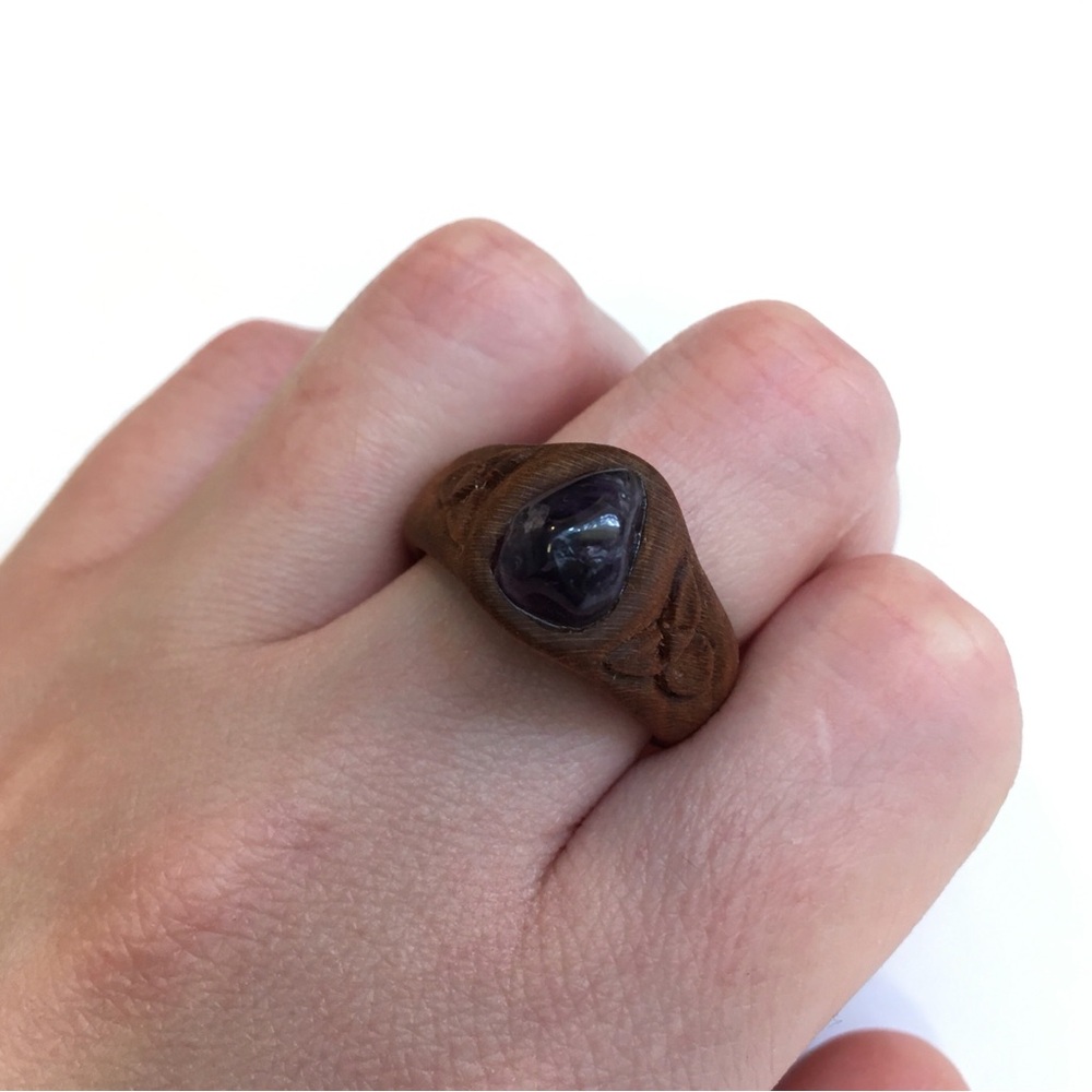 Hand Carved Wooden Ring with Natural Amethyst Stone — Size 9